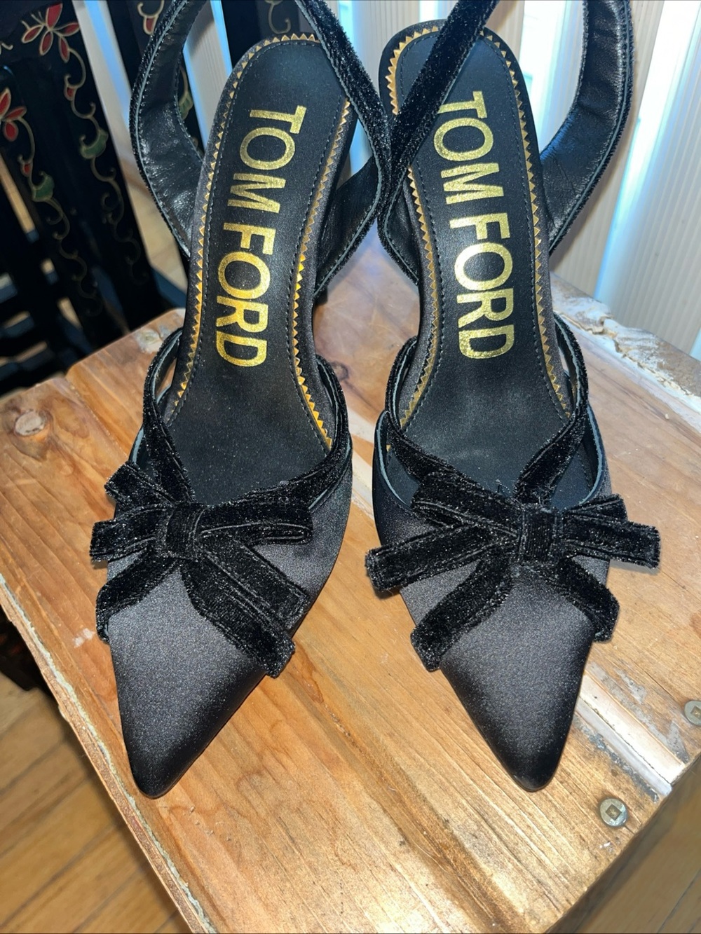 Tom Ford Black Satin Pointed Slingback Heels with Velvet Bow